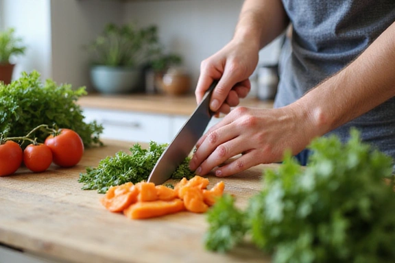 Hände bereiten gesunde Mahlzeit in der Küche zu